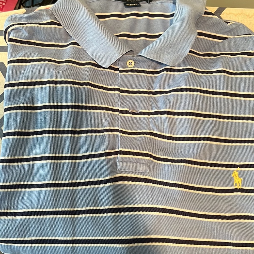 Polo by Ralph Lauren 2XLT light blue, navy and white stripe pique polo